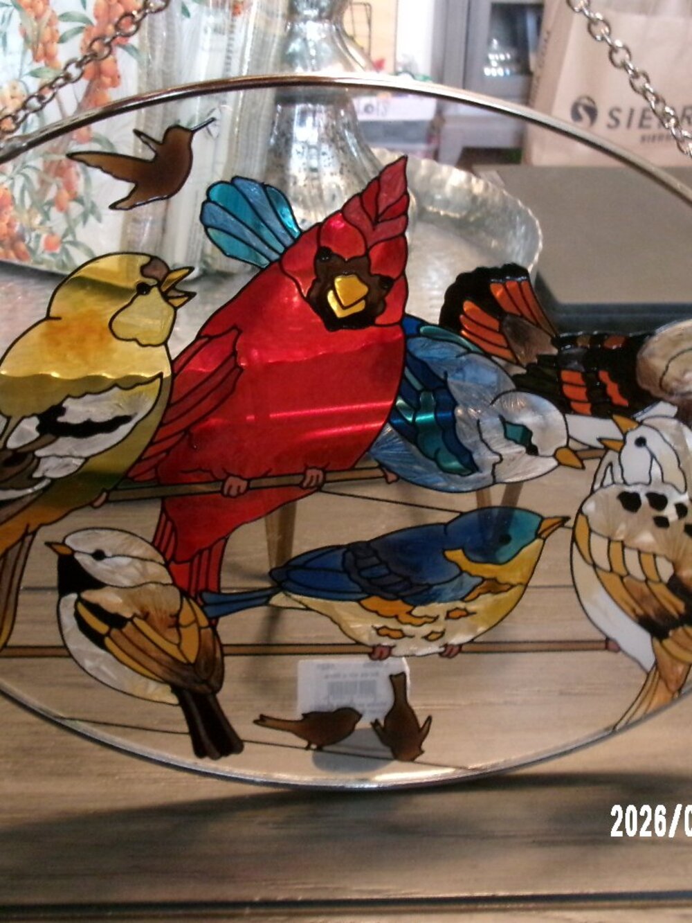 VTG Joan Baker Designs Birds Cardinal Oval Stained Glass 9" inch Sun Catcher
